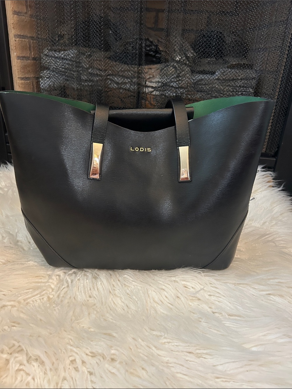 Lodis Black Tote with Green Lining and Gold Accents